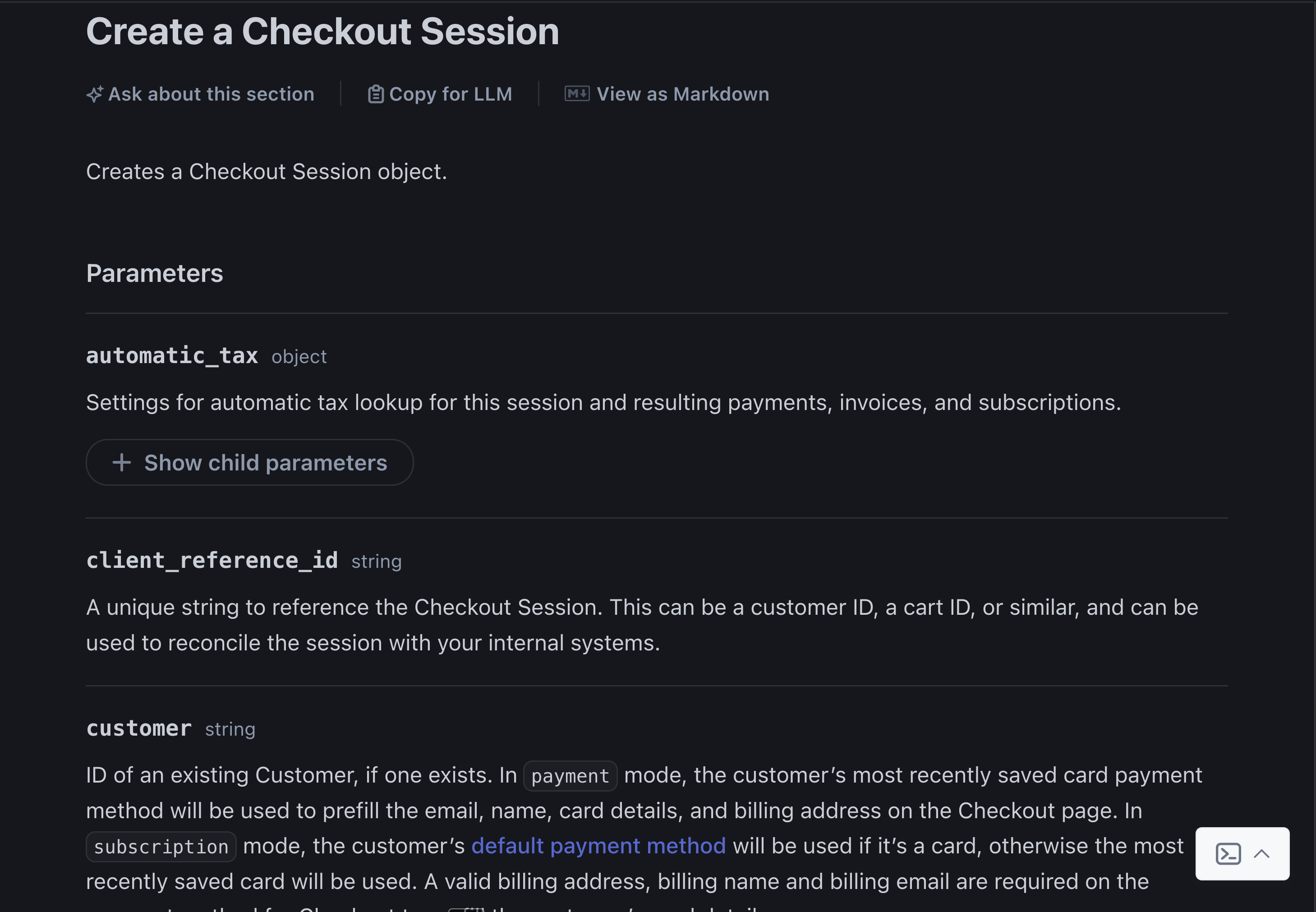 Screenshot of Stripe's Create a Checkout Session API doc's page.
